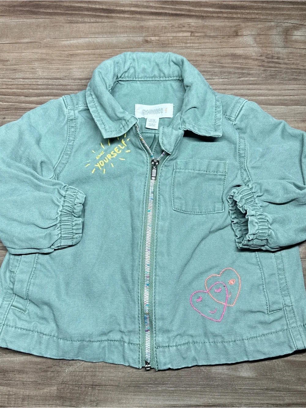 Vtg Gymboree Forest Green Denim Jean Girl 6M Zip Jacket with Heart Embroidery